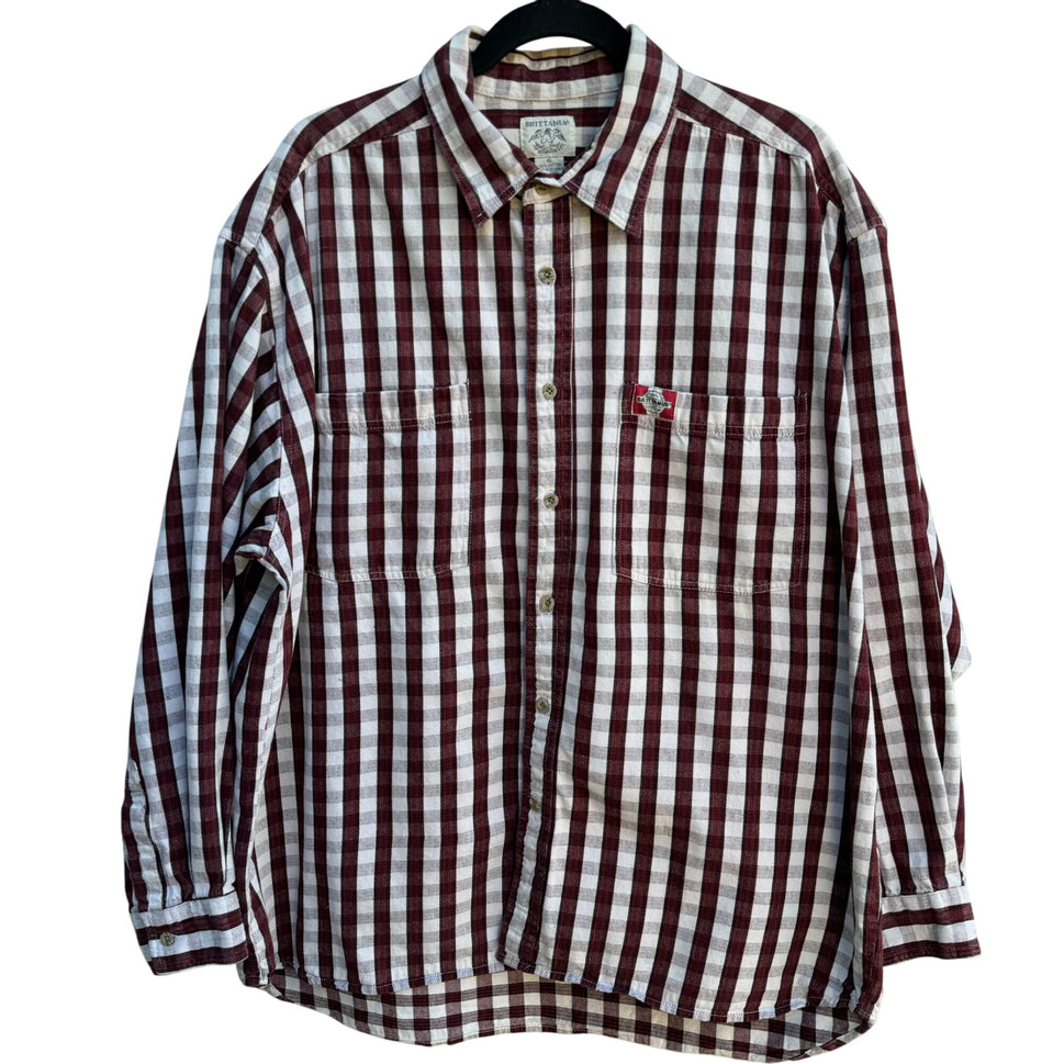 Brittania Vintage Mens Red White Plaid Long Sleeve Button-Up Heavy Cotton Shirt