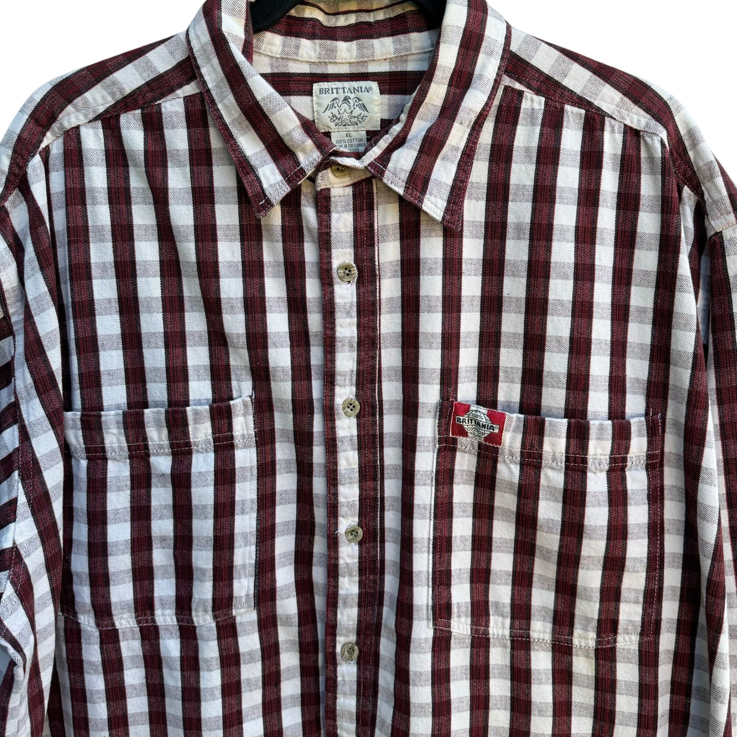 Brittania Vintage Mens Red White Plaid Long Sleeve Button-Up Heavy Cotton Shirt