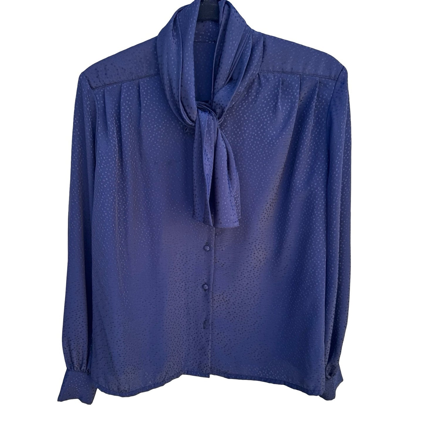 Vintage Navy Blue Tie Neck Blouse Jacquard Polka Dot Long Sleeve Button Up Top L