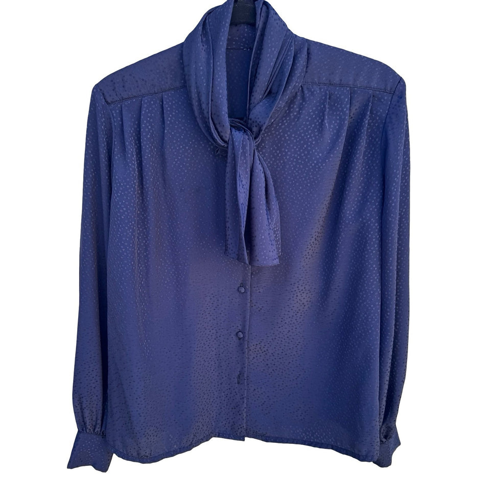 Vintage Navy Blue Tie Neck Blouse Jacquard Polka Dot Long Sleeve Button Up Top L