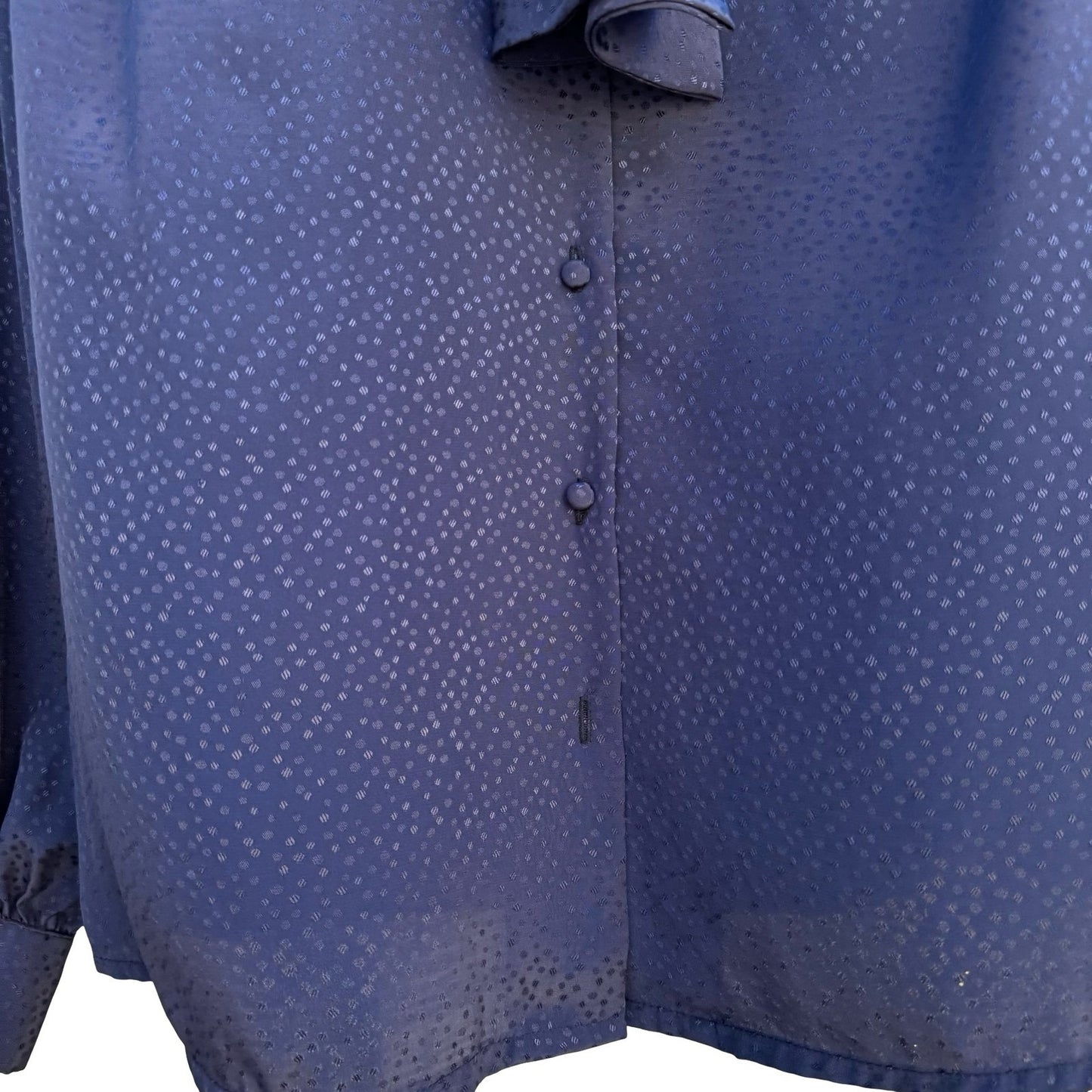 Vintage Navy Blue Tie Neck Blouse Jacquard Polka Dot Long Sleeve Button Up Top L