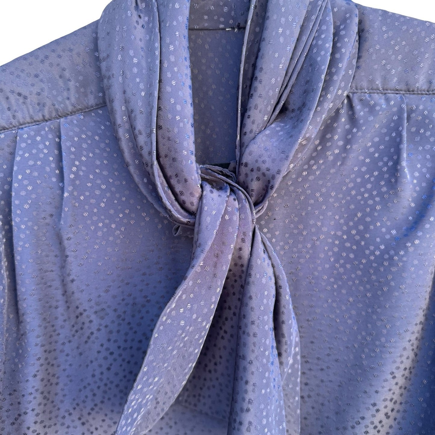 Vintage Navy Blue Tie Neck Blouse Jacquard Polka Dot Long Sleeve Button Up Top L
