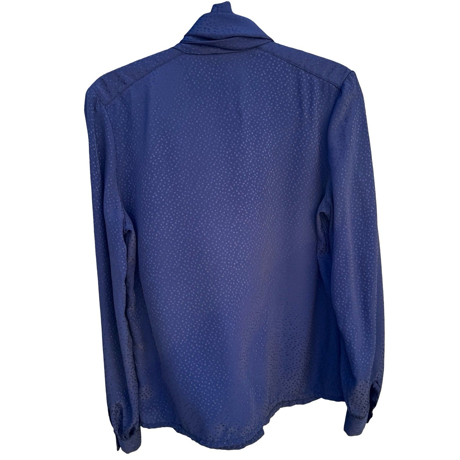 Vintage Navy Blue Tie Neck Blouse Jacquard Polka Dot Long Sleeve Button Up Top L