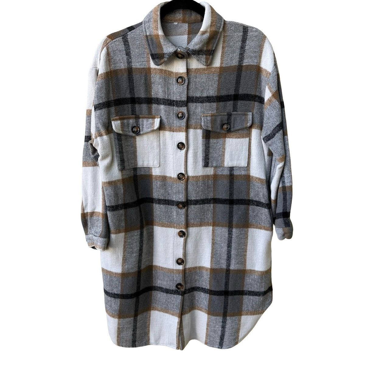 Plaid Longline Layering Earthy Shacket Oversized Fleece Jacket Gray Tan Women L
