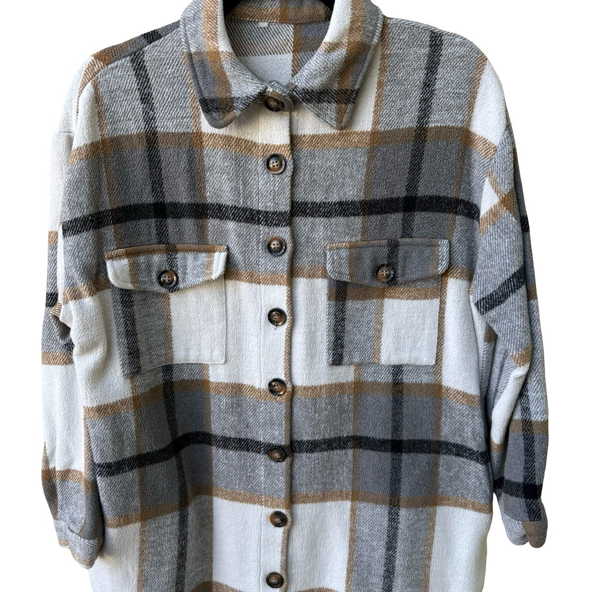 Plaid Longline Layering Earthy Shacket Oversized Fleece Jacket Gray Tan Women L