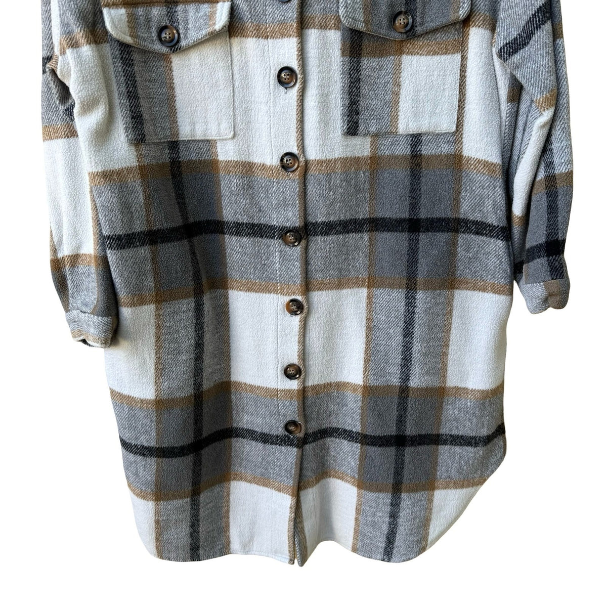 Plaid Longline Layering Earthy Shacket Oversized Fleece Jacket Gray Tan Women L
