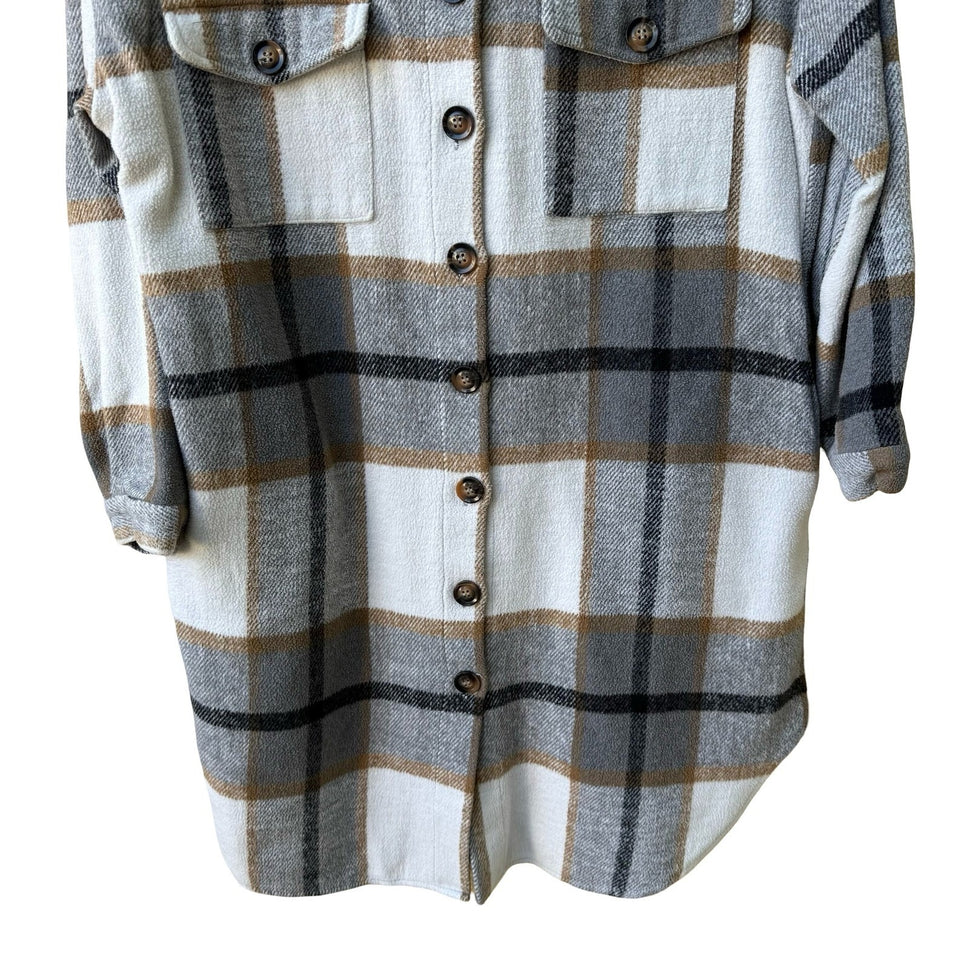 Plaid Longline Layering Earthy Shacket Oversized Fleece Jacket Gray Tan Women L