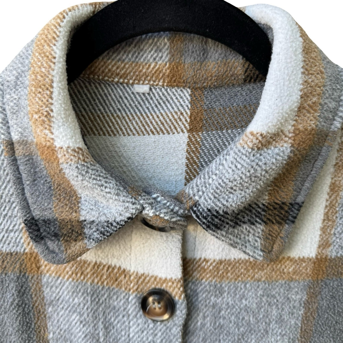 Plaid Longline Layering Earthy Shacket Oversized Fleece Jacket Gray Tan Women L