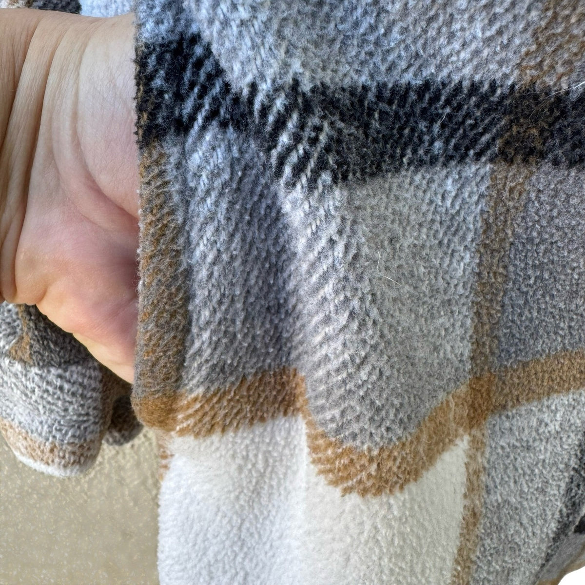 Plaid Longline Layering Earthy Shacket Oversized Fleece Jacket Gray Tan Women L