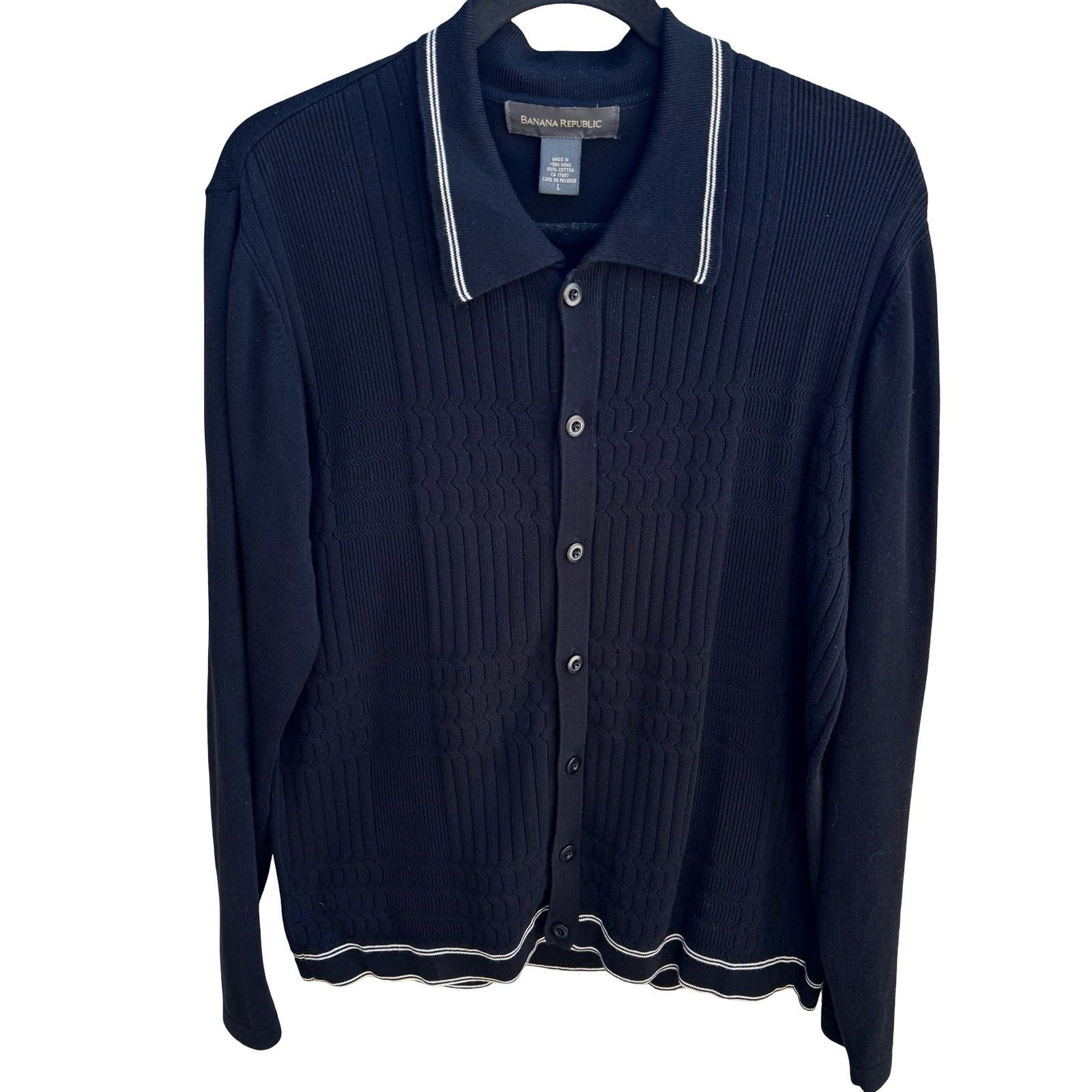 Banana Republic Minimalist Preppy 100% Cotton Cable Knit Polo Collar Cardigan L