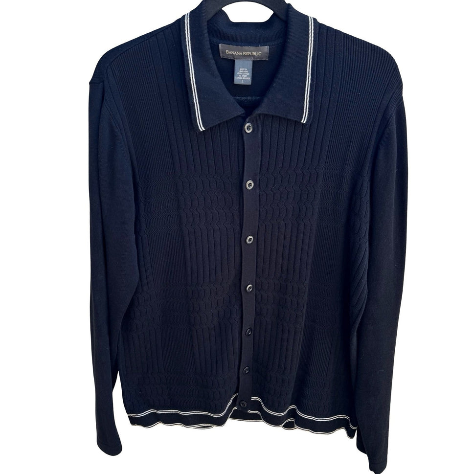 Banana Republic Minimalist Preppy 100% Cotton Cable Knit Polo Collar Cardigan L