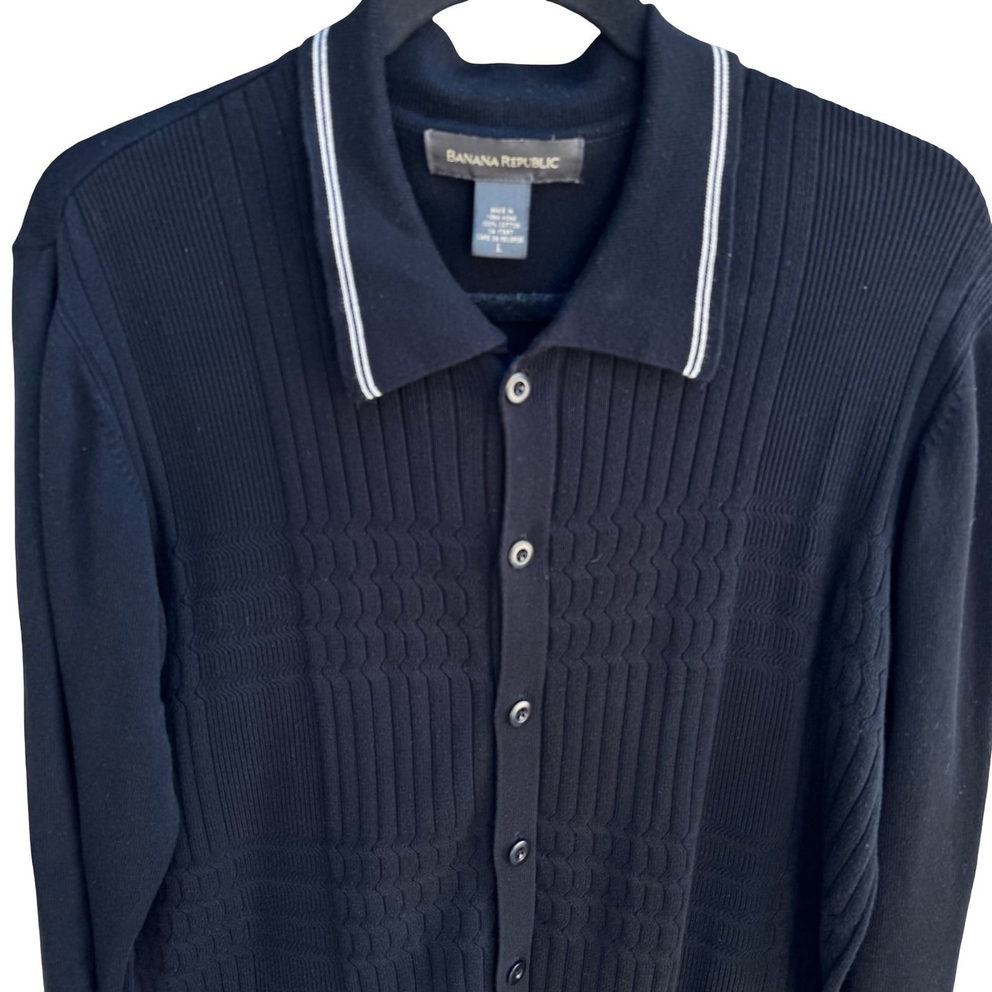 Banana Republic Minimalist Preppy 100% Cotton Cable Knit Polo Collar Cardigan L