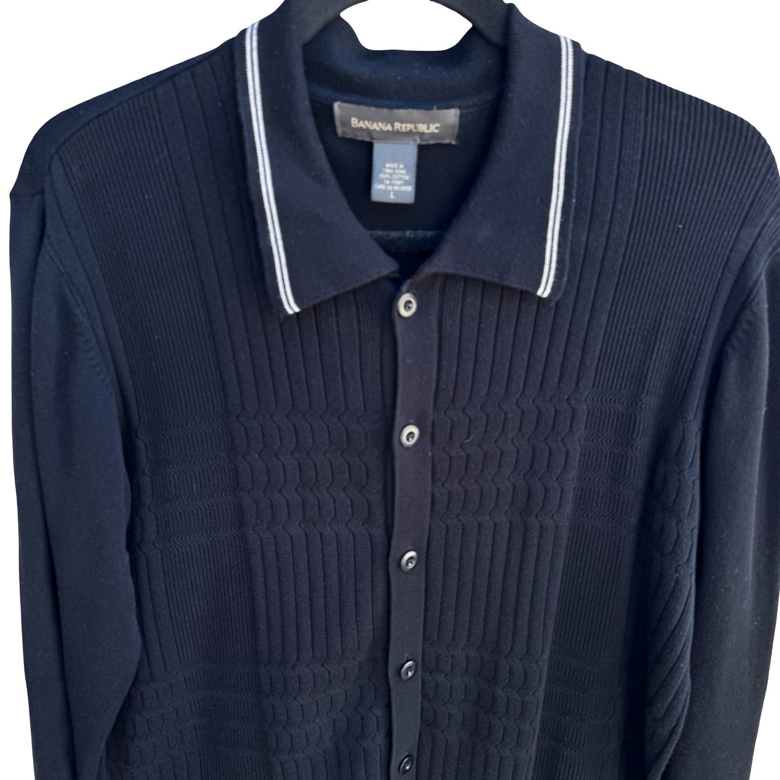 Banana Republic Minimalist Preppy 100% Cotton Cable Knit Polo Collar Cardigan L