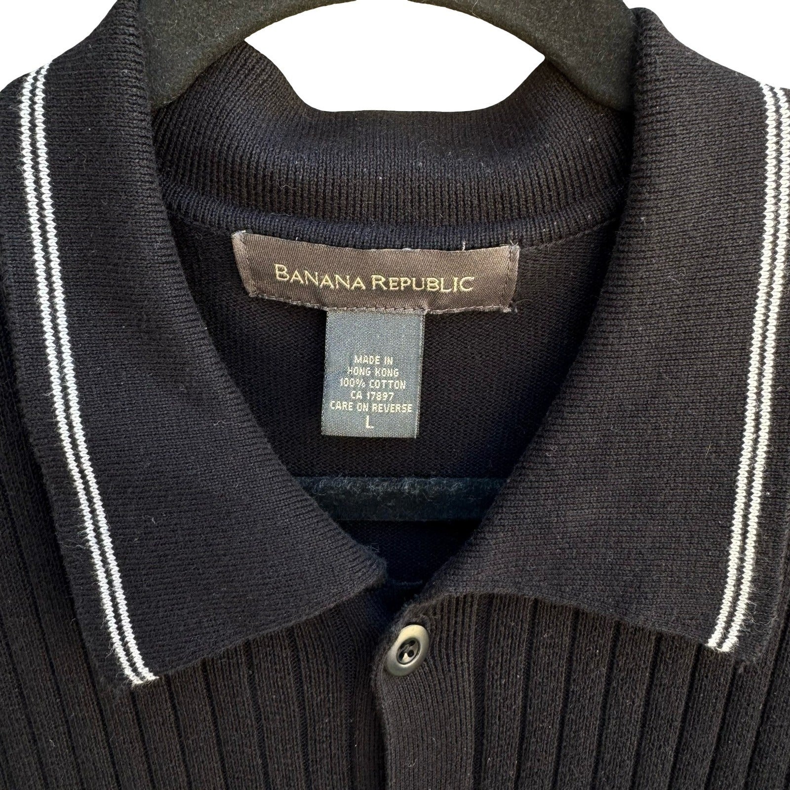 Banana Republic Minimalist Preppy 100% Cotton Cable Knit Polo Collar Cardigan L