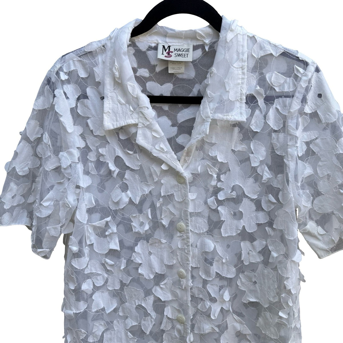 Maggie Sweet Coquette Cottagecore Fairy 3D Floral Applique Sheer Mesh Blouse S
