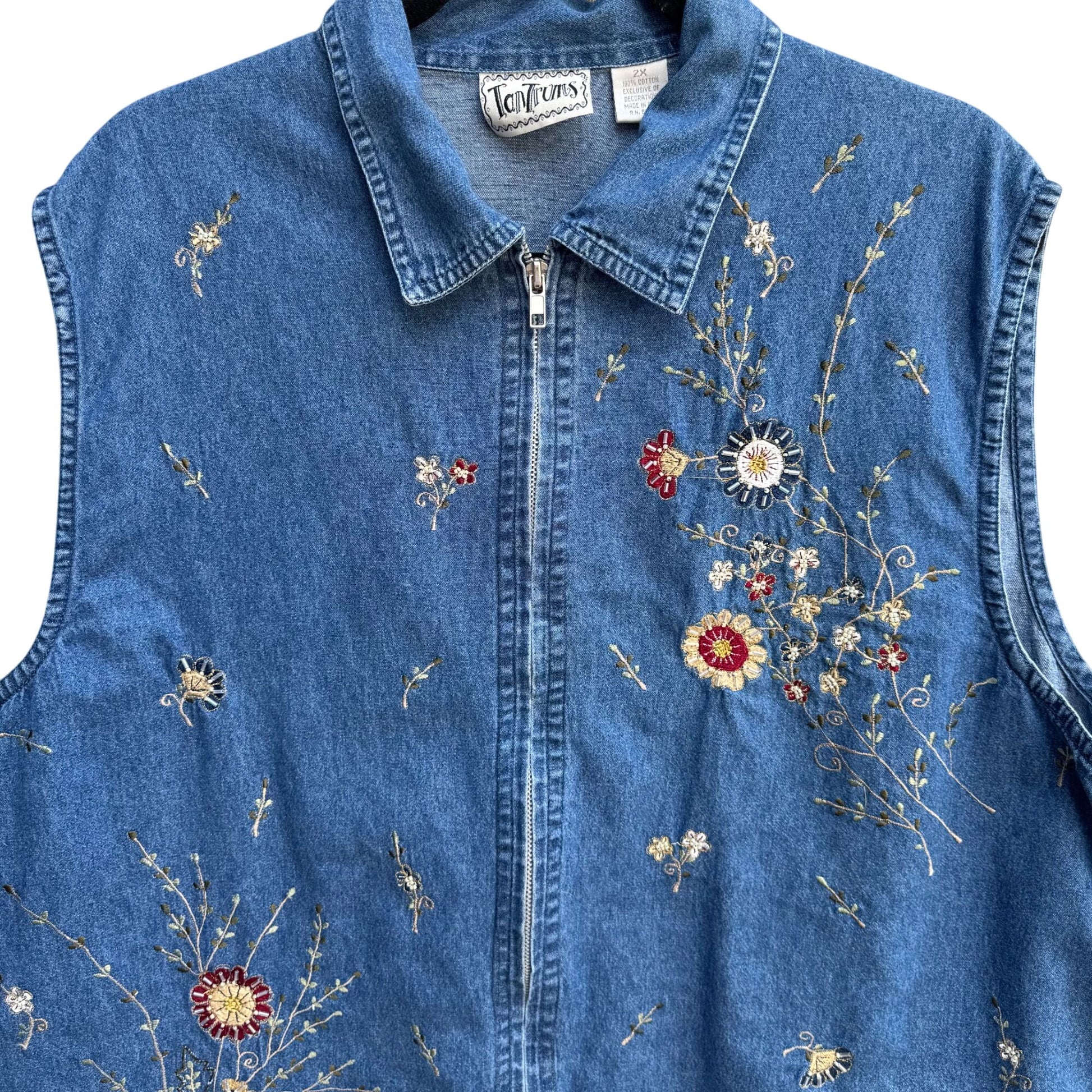 Tantrums Vintage 80s Womens Floral Embroidery Beadwork Zip Sleeveless Vest 2X