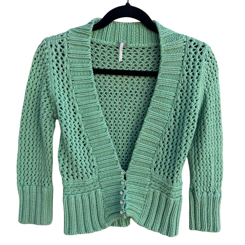 Free People Seafoam Green Open Knit Crochet Cardigan Button Front Sweater Large