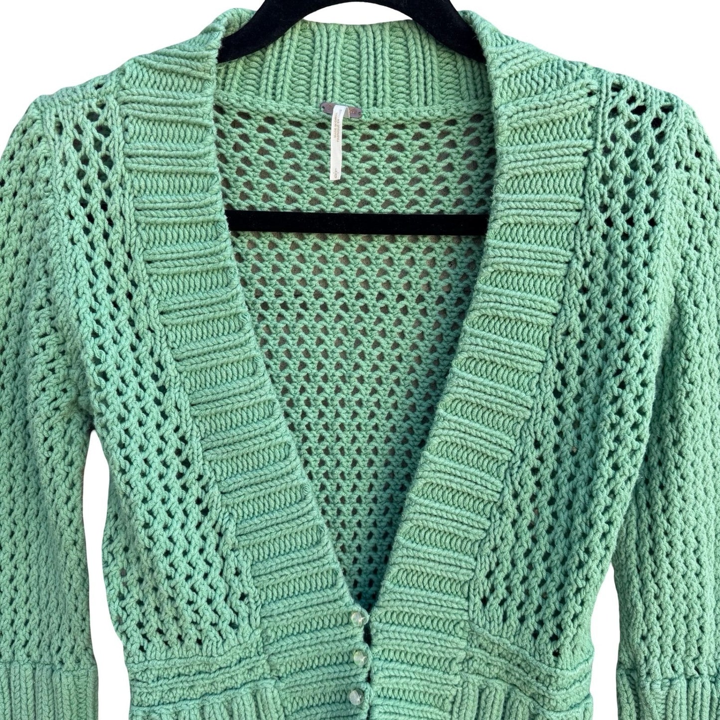Free People Seafoam Green Open Knit Crochet Cardigan Button Front Sweater Large