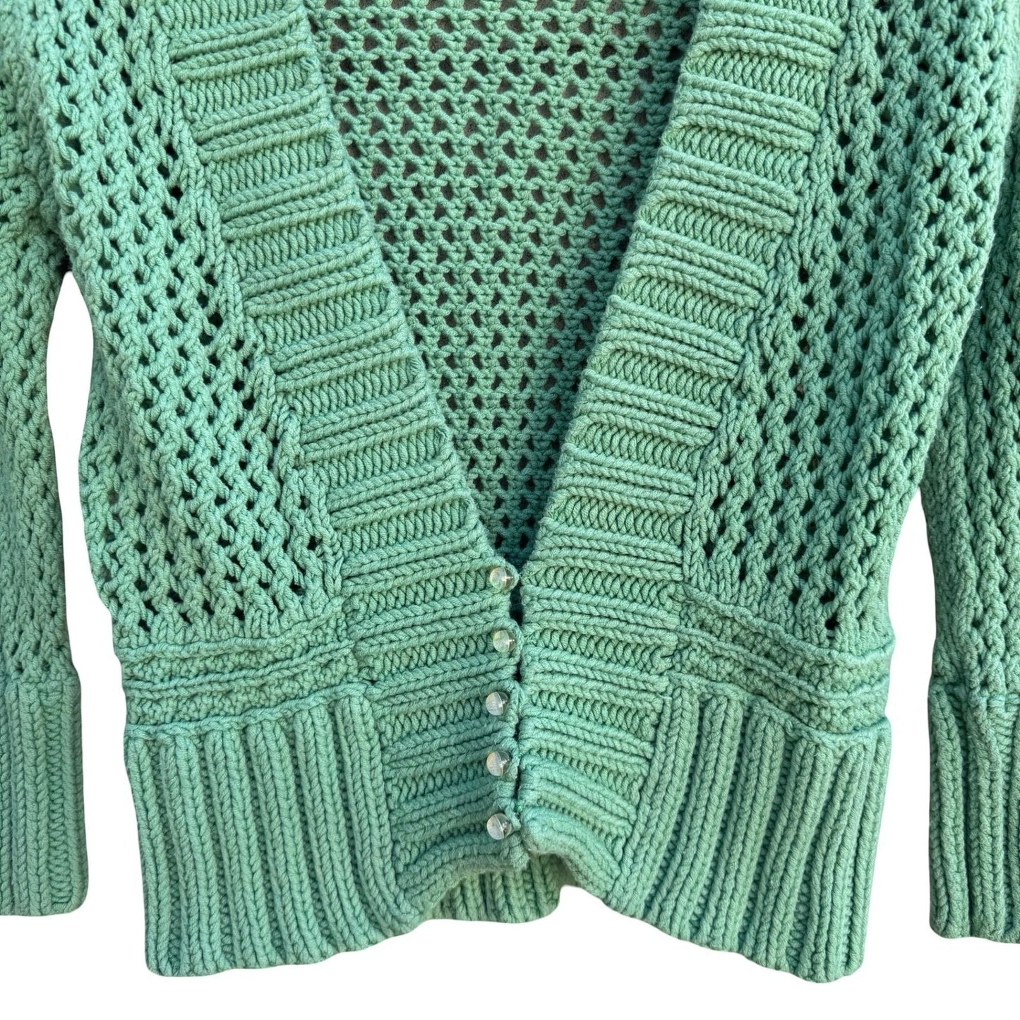 Free People Seafoam Green Open Knit Crochet Cardigan Button Front Sweater Large