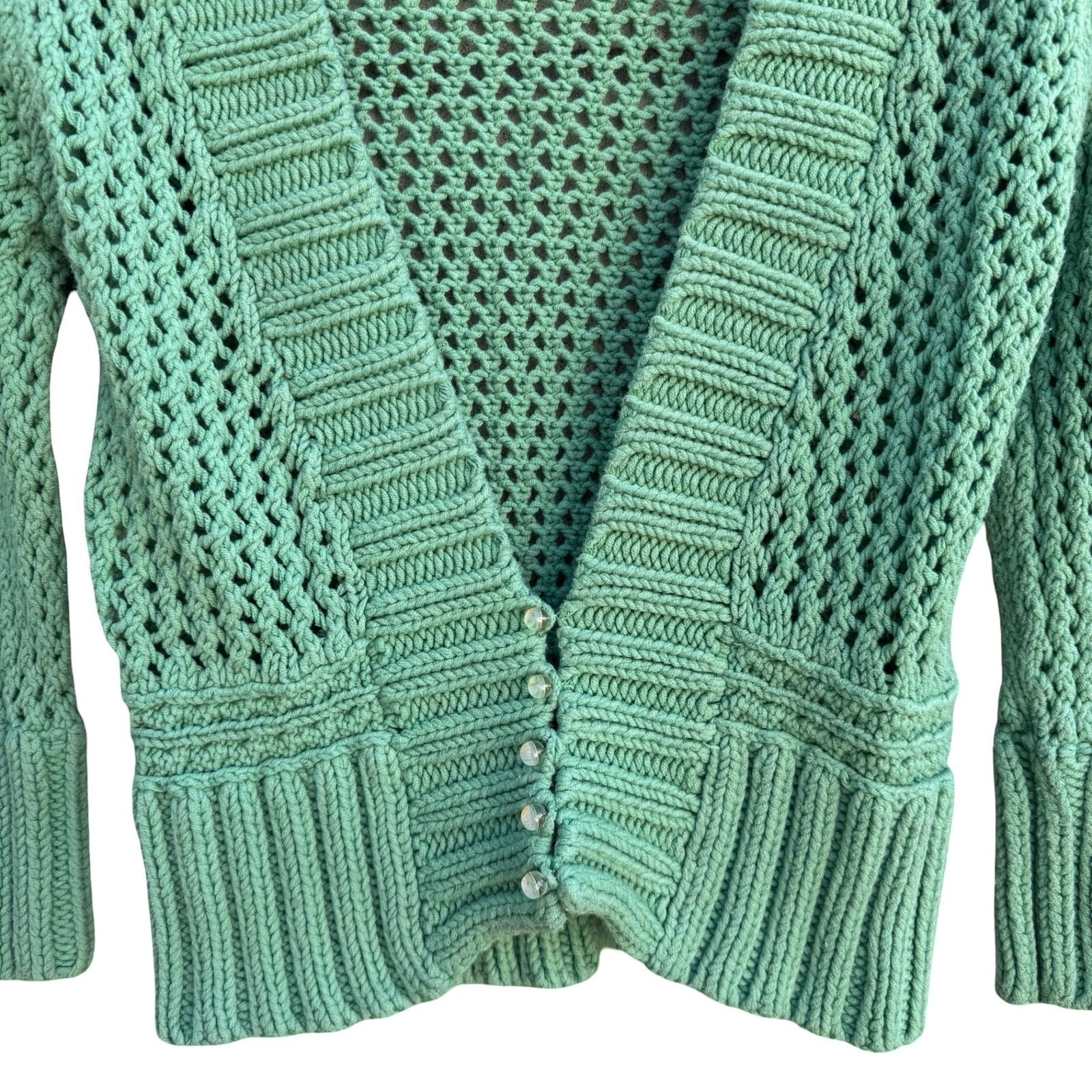 Free People Seafoam Green Open Knit Crochet Cardigan Button Front Sweater Large