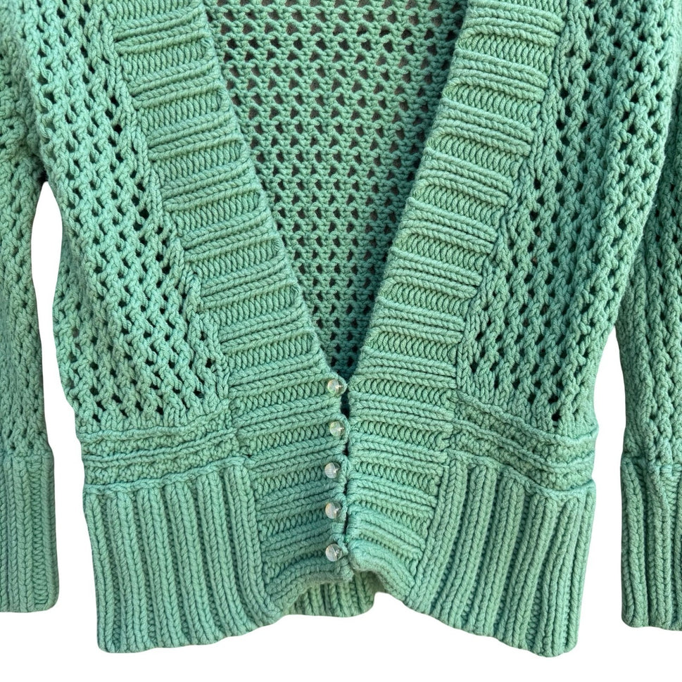 Free People Seafoam Green Open Knit Crochet Cardigan Button Front Sweater Large
