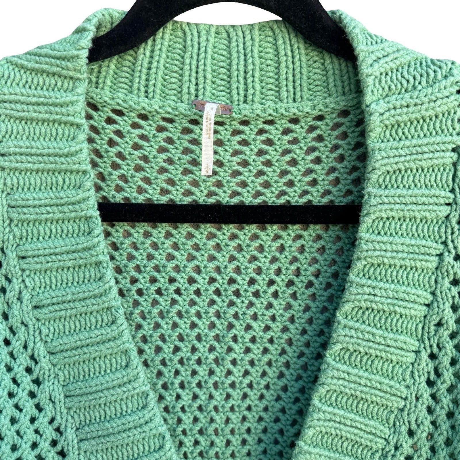 Free People Seafoam Green Open Knit Crochet Cardigan Button Front Sweater Large