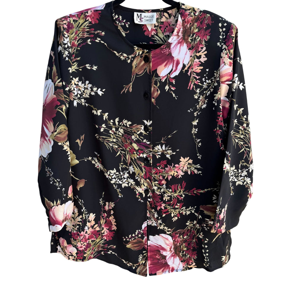Maggie Sweet Vintage Womens Floral Black Pink Button-Up Long Sleeve Blouse PS