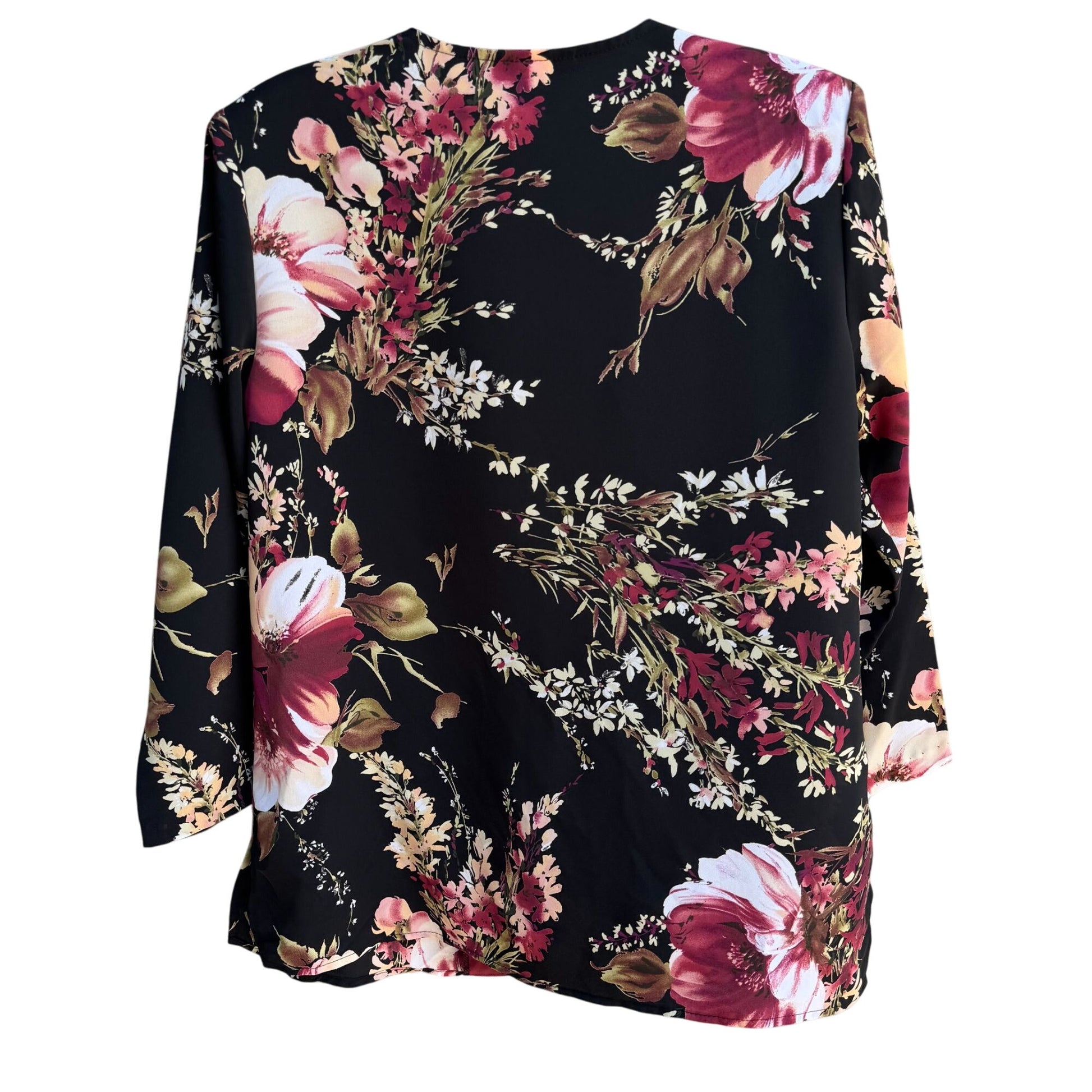 Maggie Sweet Vintage Womens Floral Black Pink Button-Up Long Sleeve Blouse PS