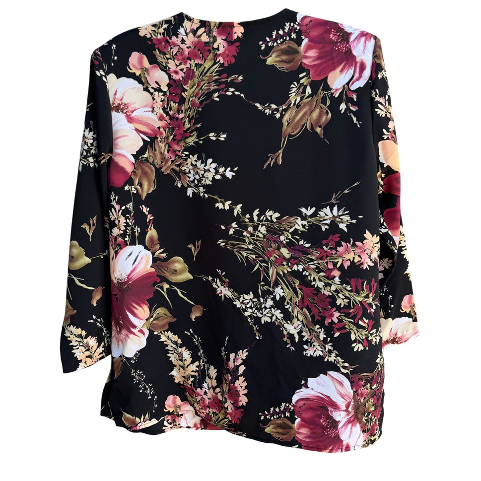 Maggie Sweet Vintage Womens Floral Black Pink Button-Up Long Sleeve Blouse PS