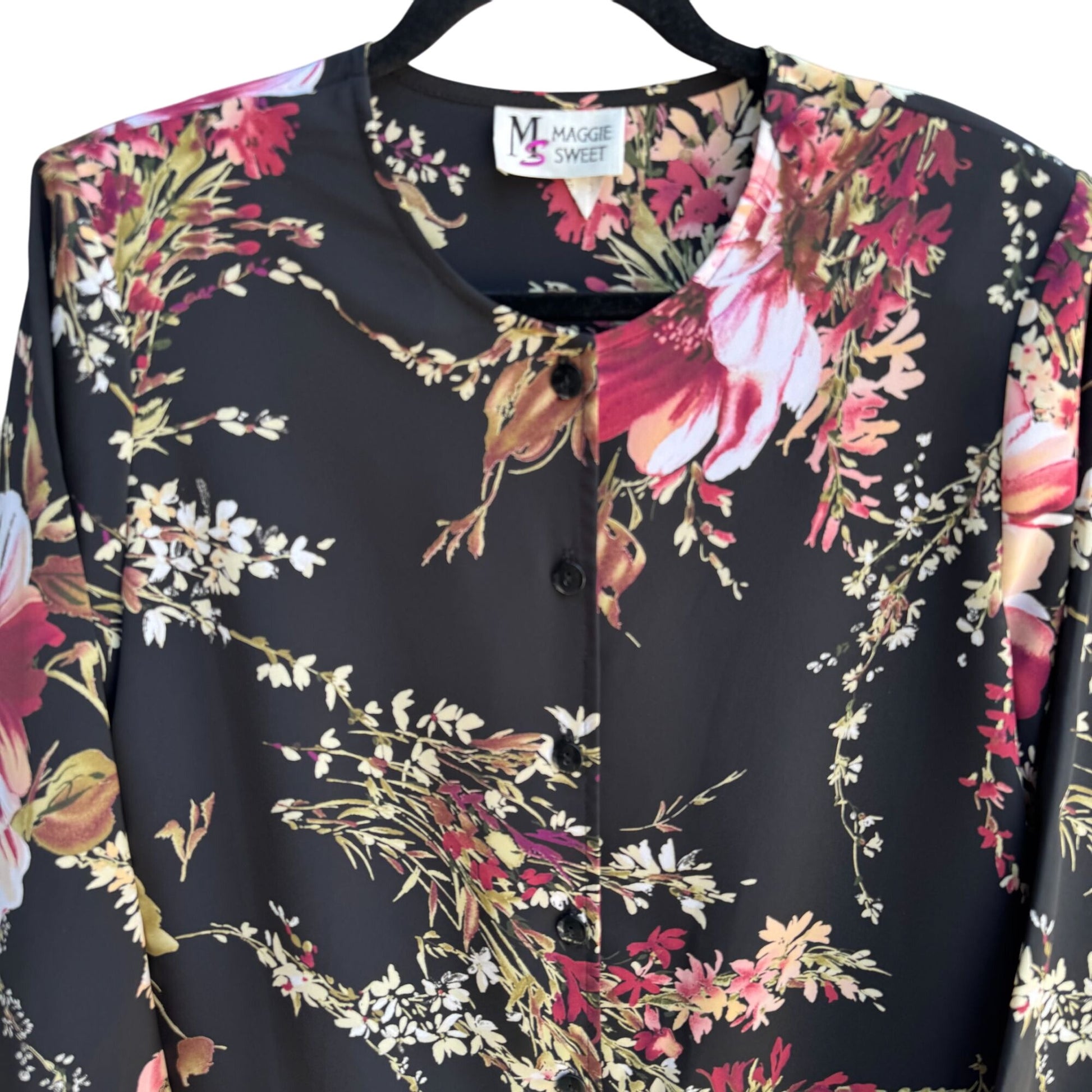 Maggie Sweet Vintage Womens Floral Black Pink Button-Up Long Sleeve Blouse PS