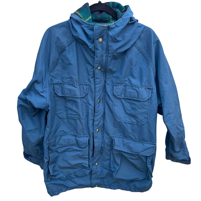 Teton Woolrich Blue Vintage Wool Blend Hooded Parka Jacket Plaid Lining Mens L