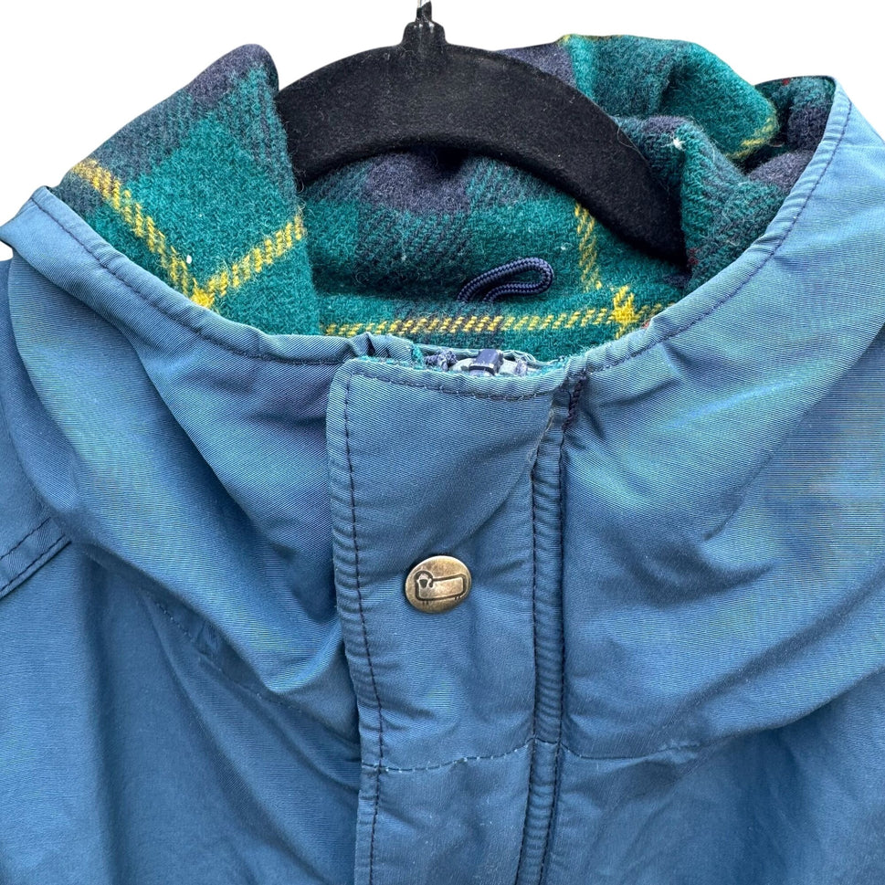 Teton Woolrich Blue Vintage Wool Blend Hooded Parka Jacket Plaid Lining Mens L