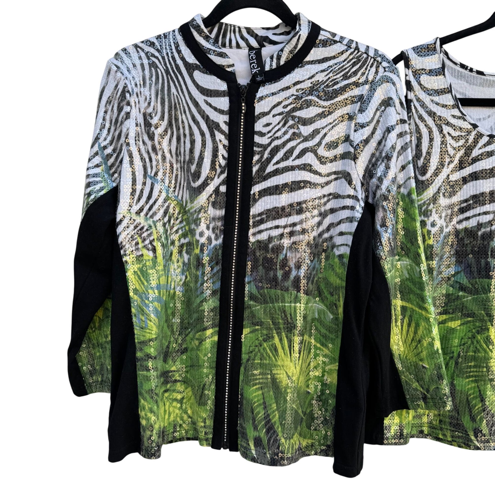 Berek Vintage Womens Zebra Palm Print Sequin Twinset Zip Jacket Tank Blouse Top L