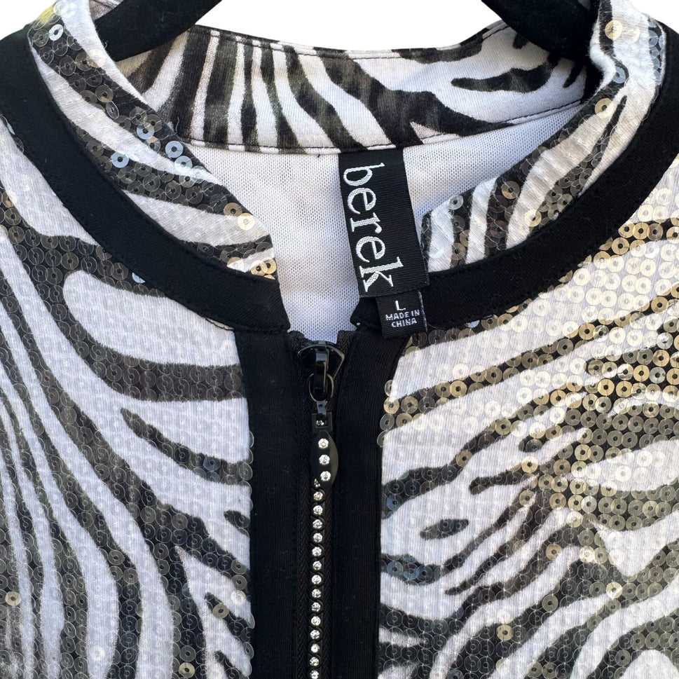 Berek Vintage Womens Zebra Palm Print Sequin Twinset Zip Jacket Tank Blouse Top L