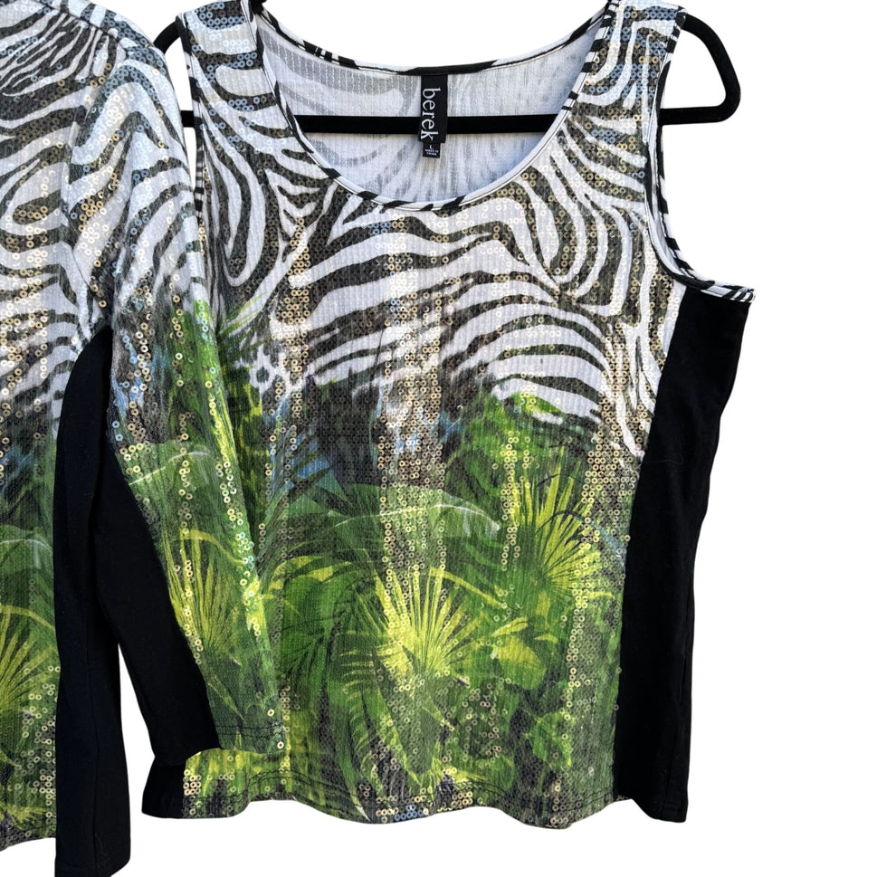 Berek Vintage Womens Zebra Palm Print Sequin Twinset Zip Jacket Tank Blouse Top L