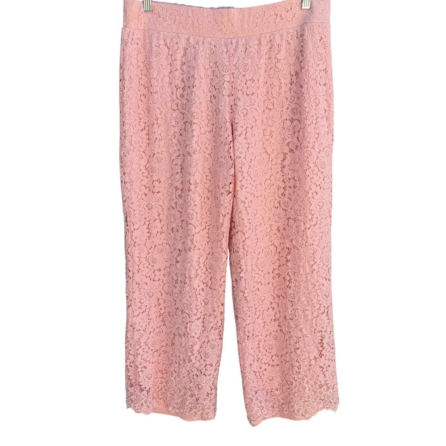 Isaac Mizrahi Live Womens Pink Lace Overlay Elastic Waist Lined Wide Leg Pants M