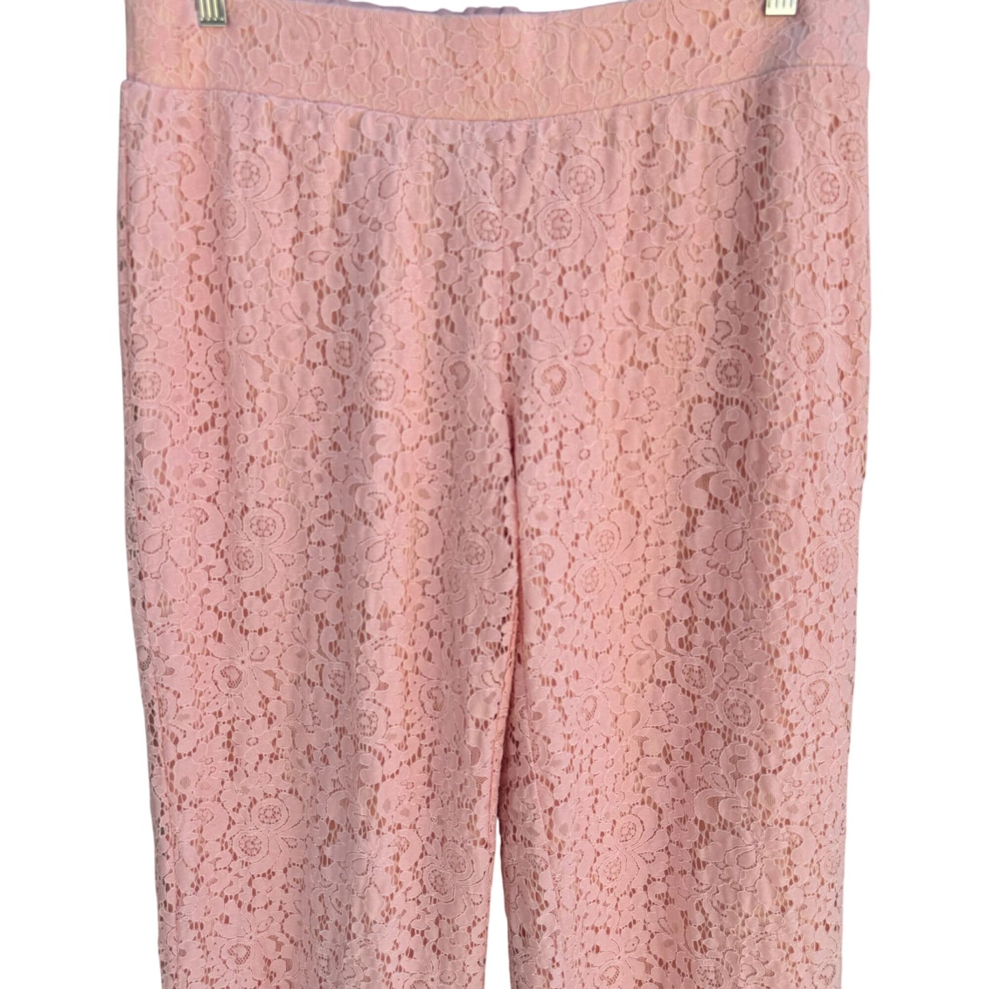Isaac Mizrahi Live Womens Pink Lace Overlay Elastic Waist Lined Wide Leg Pants M