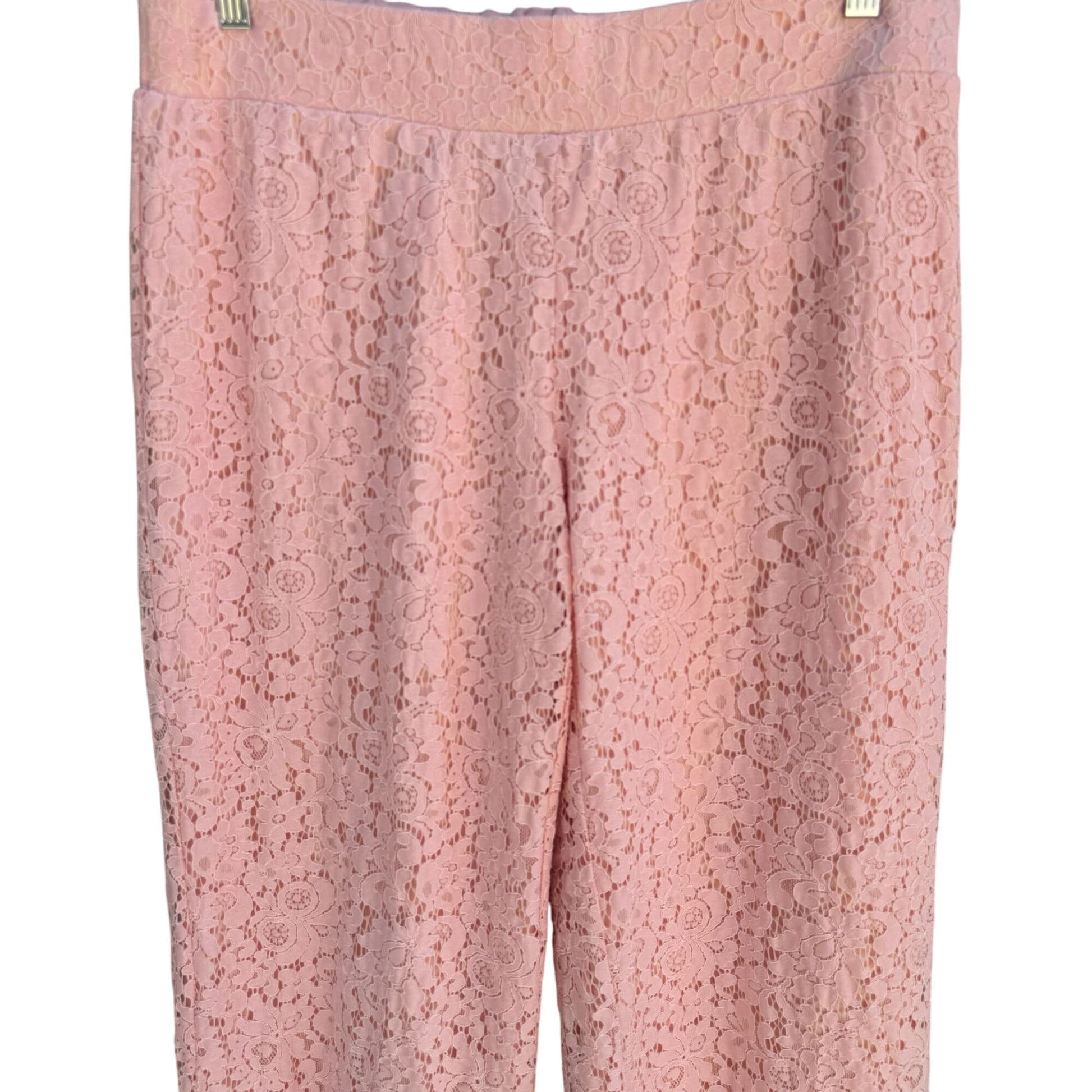 Isaac Mizrahi Live Womens Pink Lace Overlay Elastic Waist Lined Wide Leg Pants M