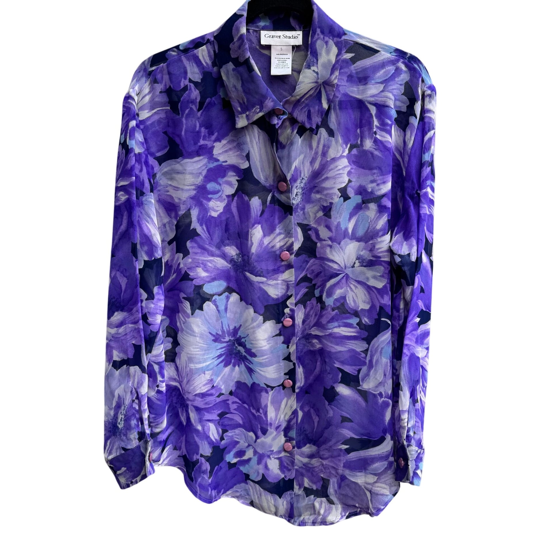 Graver Studio Womens Purple Floral Button-Up Semi Sheer Long Sleeve Boho Blouse S
