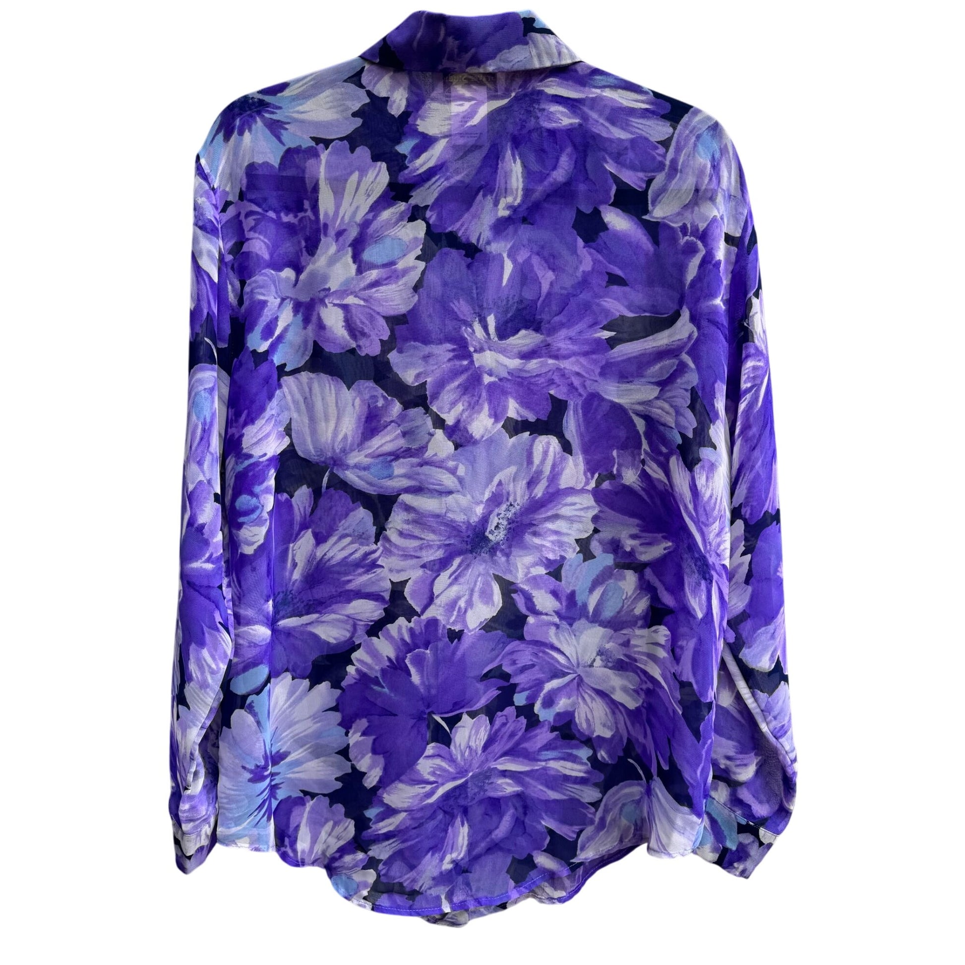 Graver Studio Womens Purple Floral Button-Up Semi Sheer Long Sleeve Boho Blouse S