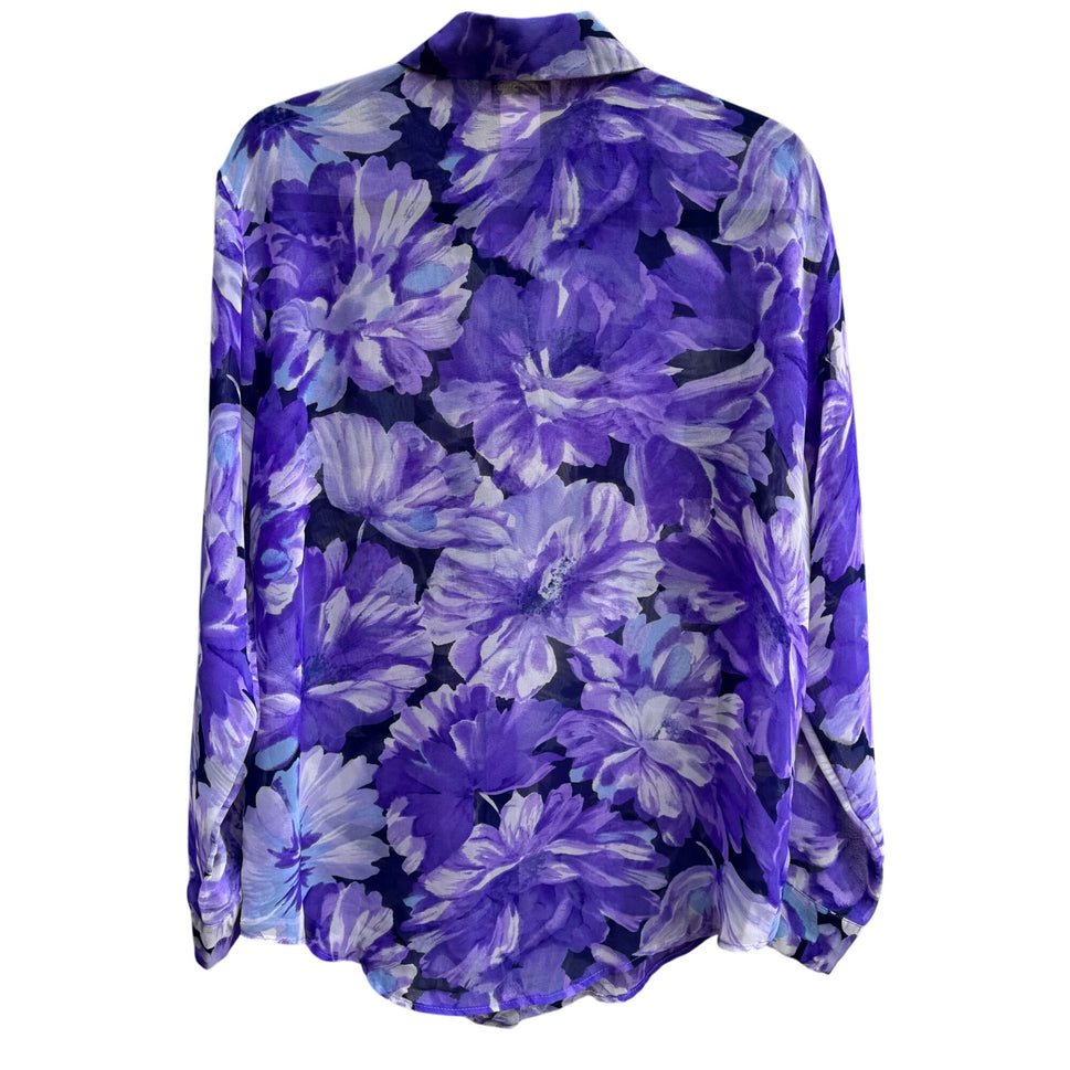 Graver Studio Womens Purple Floral Button-Up Semi Sheer Long Sleeve Boho Blouse S