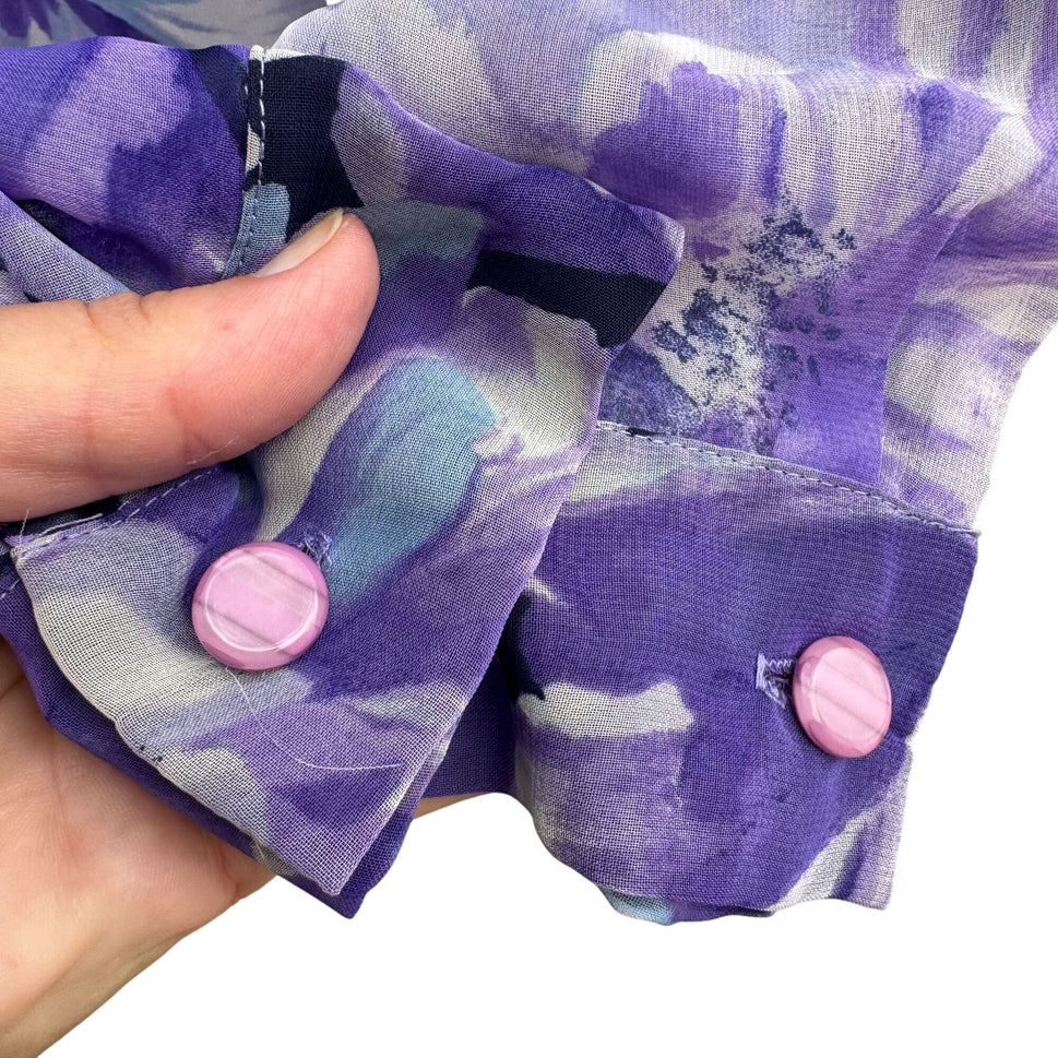 Graver Studio Womens Purple Floral Button-Up Semi Sheer Long Sleeve Boho Blouse S