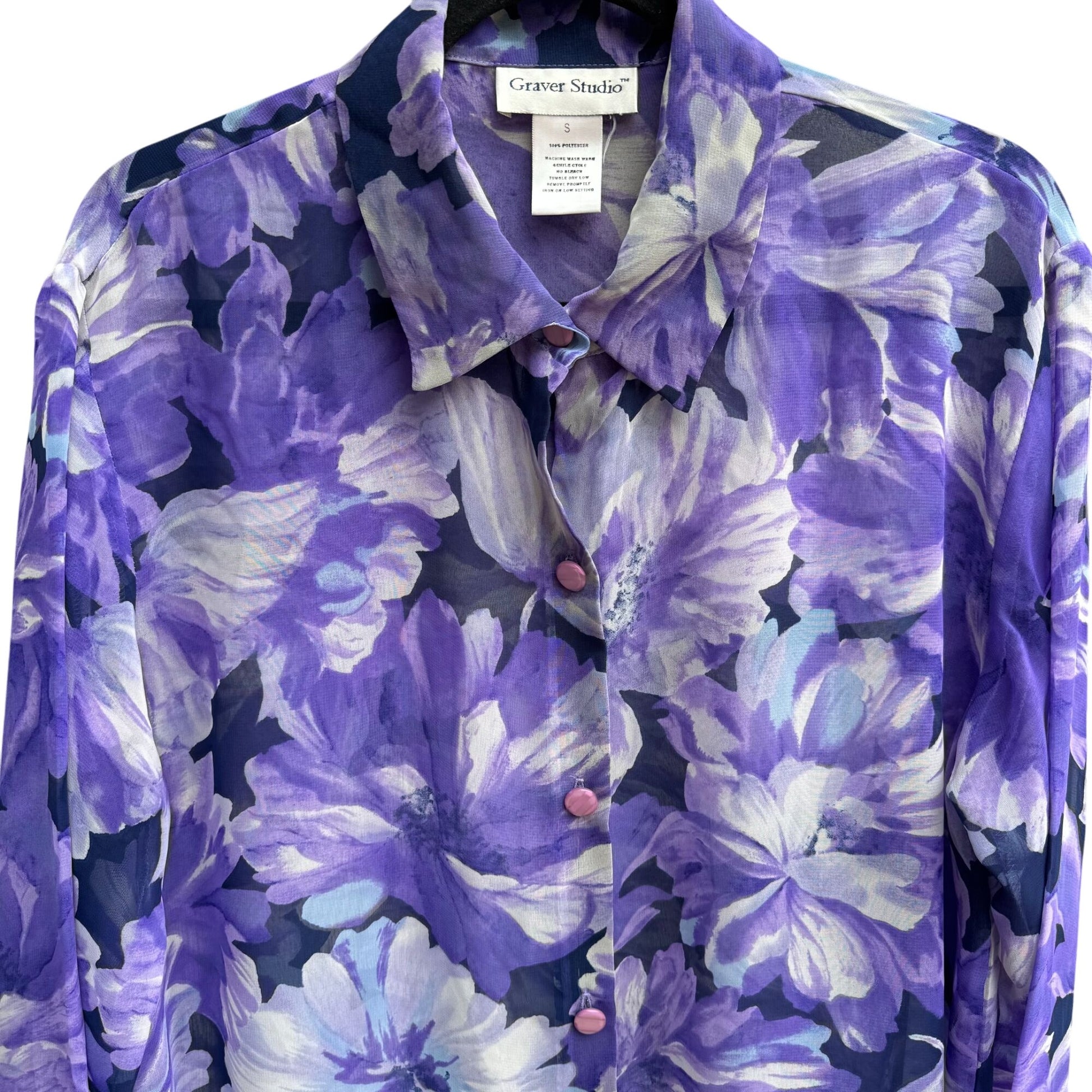 Graver Studio Womens Purple Floral Button-Up Semi Sheer Long Sleeve Boho Blouse S
