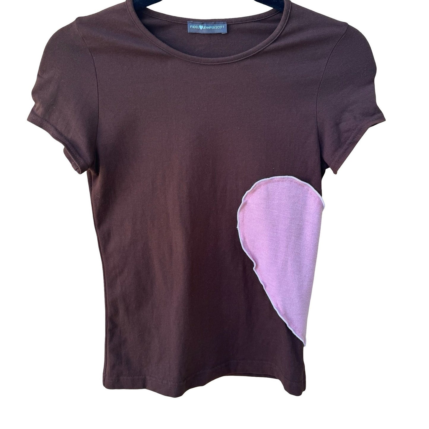 Fidel Jennifer Scott Y2K Coquette Balletcore Heart Patch Baby Tee Shirt Brown S