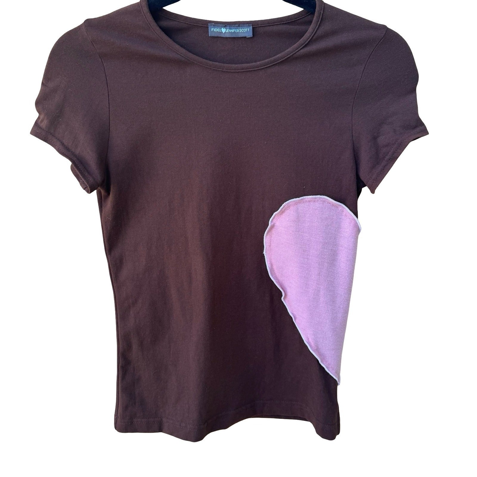 Fidel Jennifer Scott Y2K Coquette Balletcore Heart Patch Baby Tee Shirt Brown S