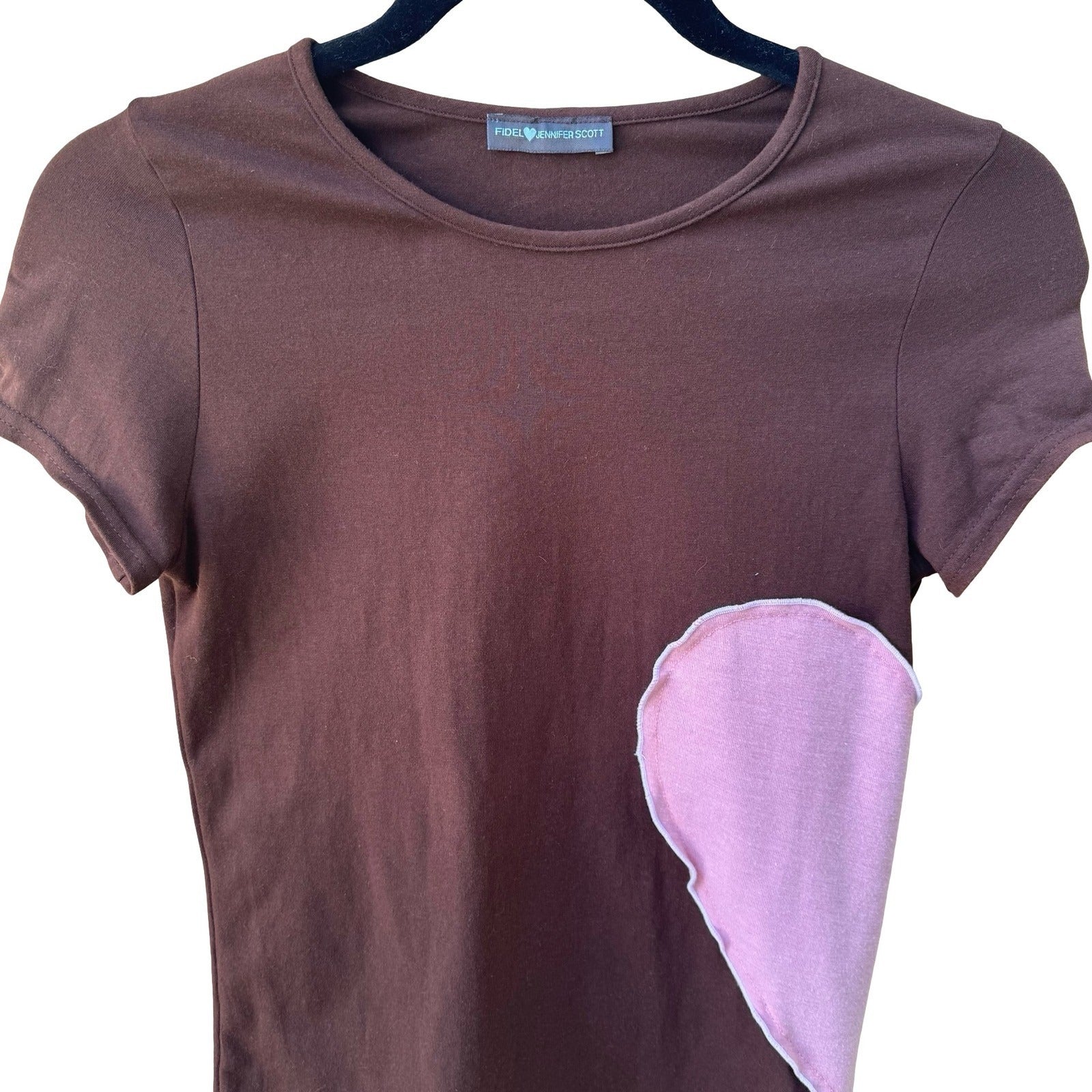 Fidel Jennifer Scott Y2K Coquette Balletcore Heart Patch Baby Tee Shirt Brown S