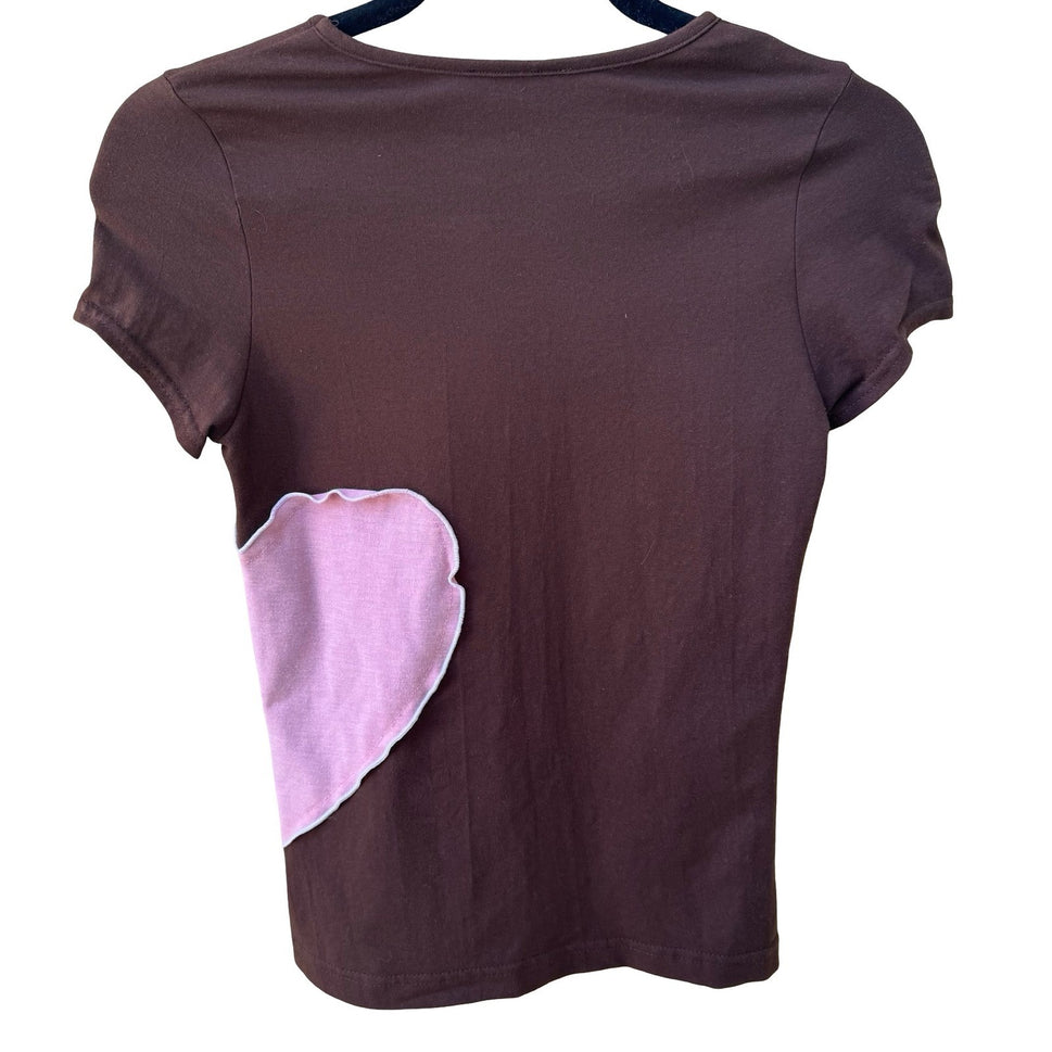 Fidel Jennifer Scott Y2K Coquette Balletcore Heart Patch Baby Tee Shirt Brown S