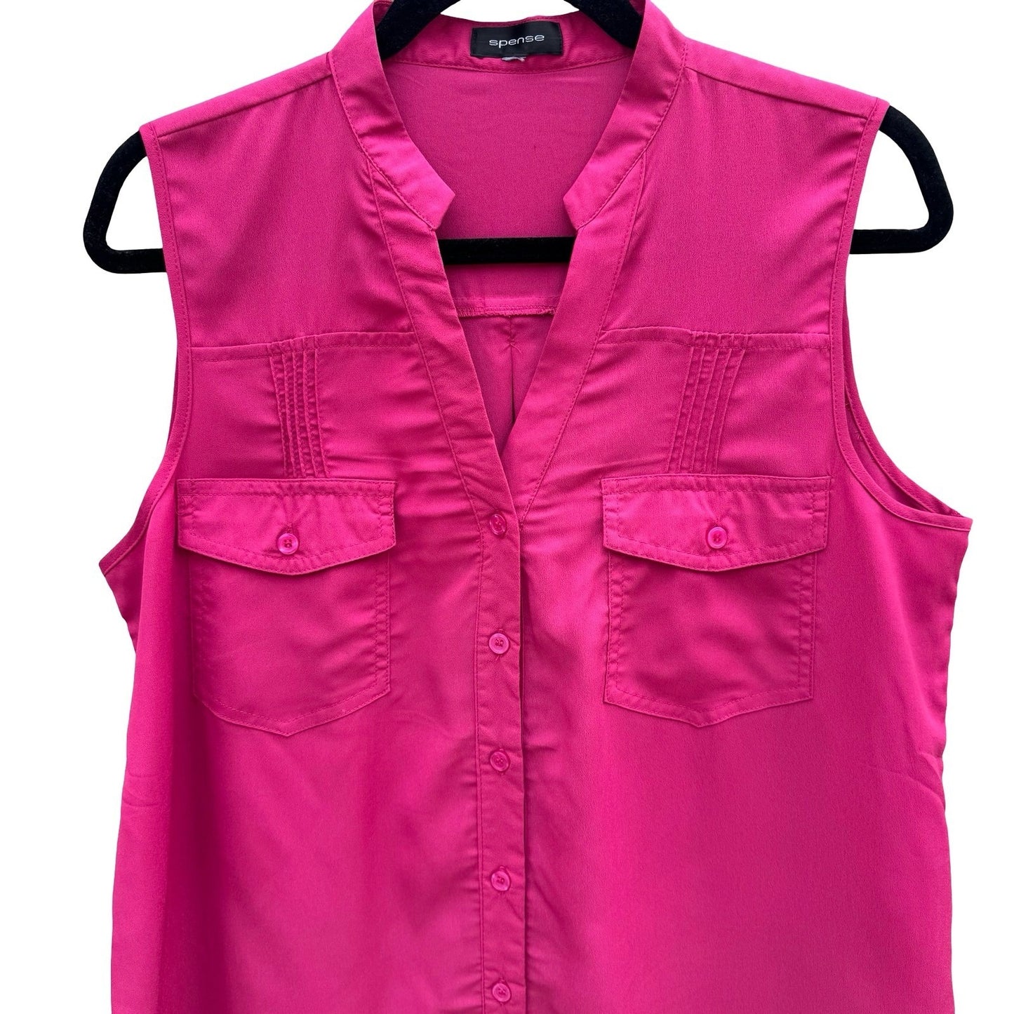 Spense Womens Sleeveless Split Neck Button Down Blouse Pink Pintuck L Barbiecore