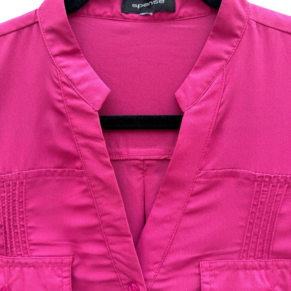 Spense Womens Sleeveless Split Neck Button Down Blouse Pink Pintuck L Barbiecore