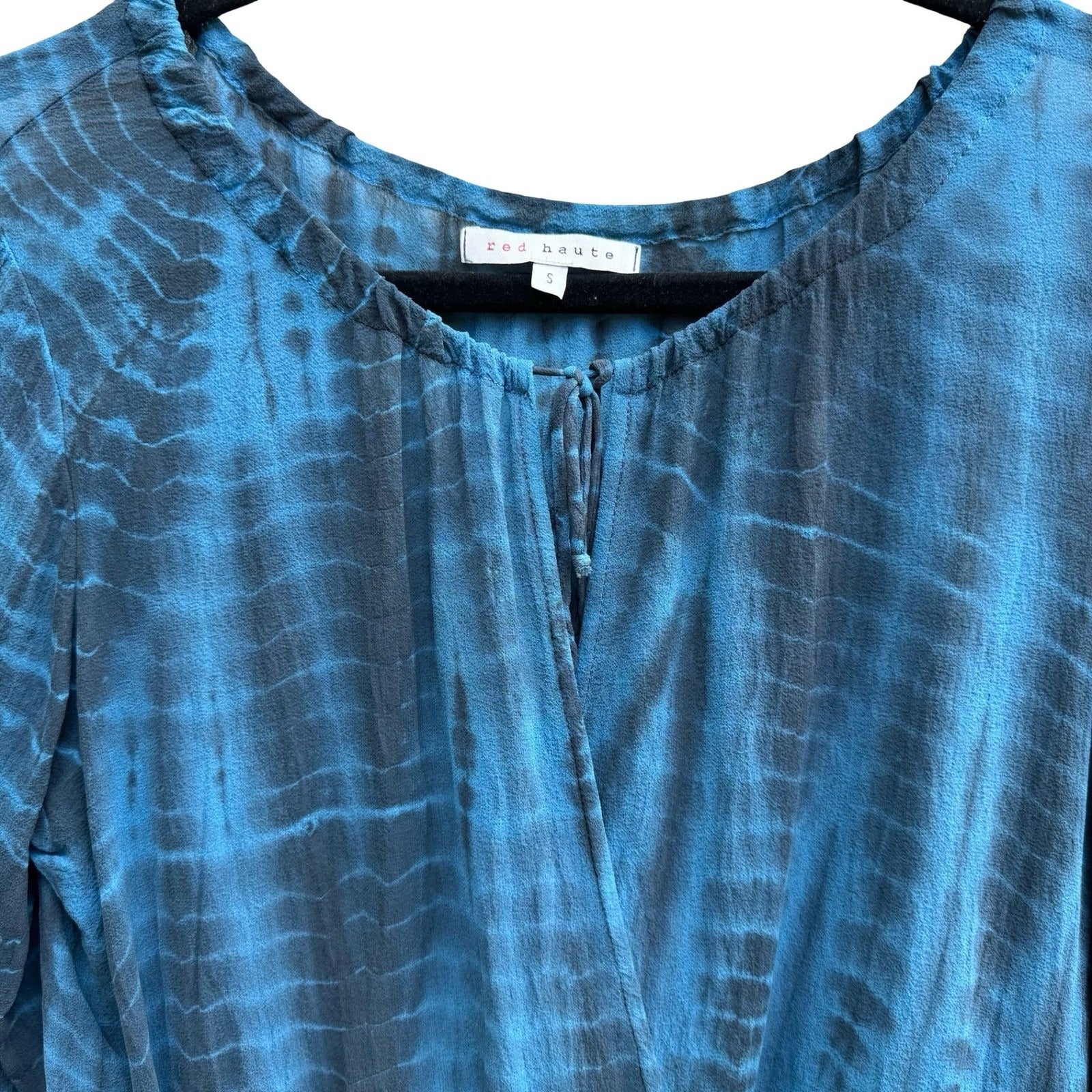 Red Haute Boho Coastal Ethereal Shibori Tie Dye Wrap Front Flowy Blouse Blue S